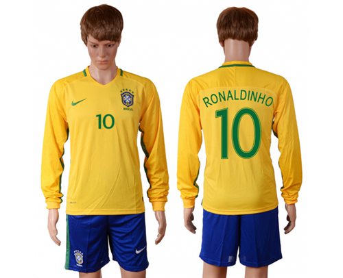 Brazil #10 Ronaldinho Home Long Sleeves Soccer Country Jersey